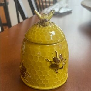 Yellow Honeycomb Ceramic Jar with Bee Design